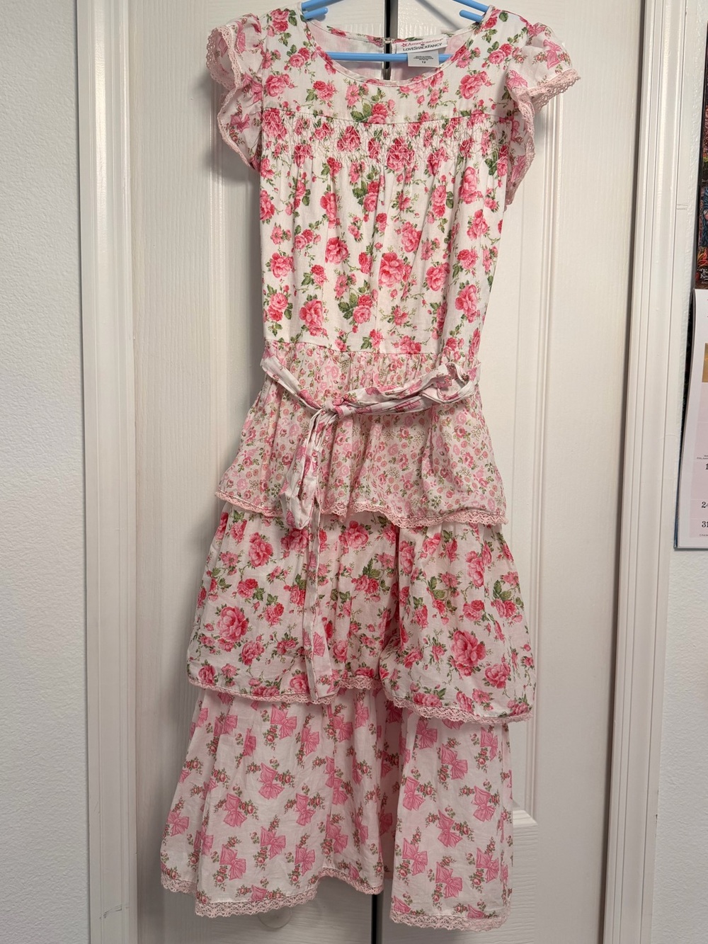 American Girl & LoveShackFancy Girls Pink Floral Tiered Dress with Self-Tie Belt